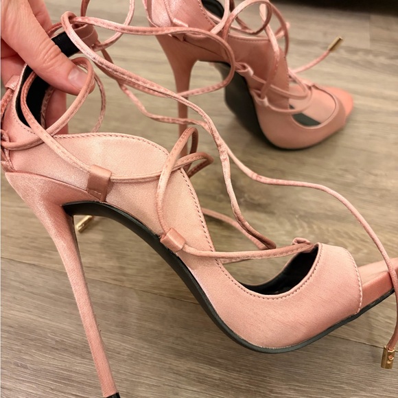 NWT Pink Satin Stiletto Heel Lace Up Sandals - Picture 9 of 13